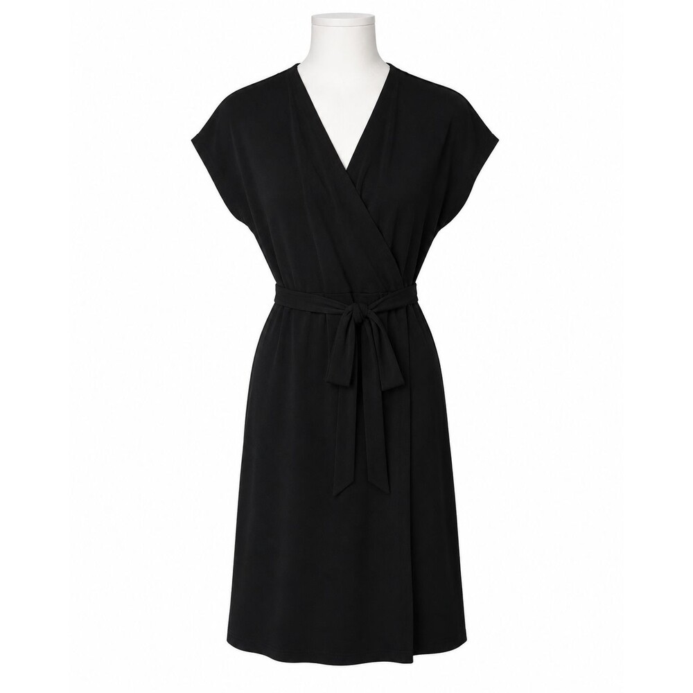 Nine West Women’s M Black Faux Wrap Tie Little Black Dress Cap Sleeve NWOT